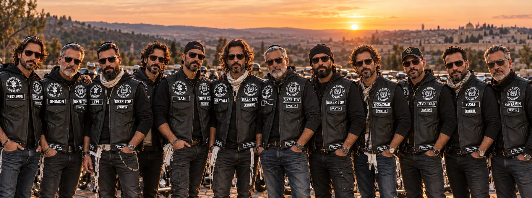 Douze motards Biker Tov, portant les noms des douze tribus d’Israël, photographiés au coucher du soleil.