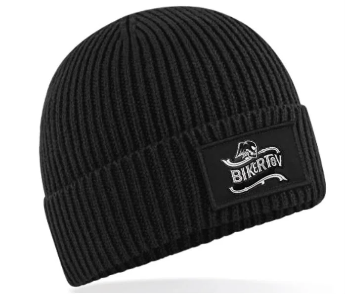 Bonnet noir côtelé avec écusson Biker Tov, vue 2 sur 2